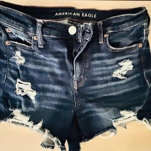 American Eagle Outfitters Women's Dark Blue Distressed Jean Shorts